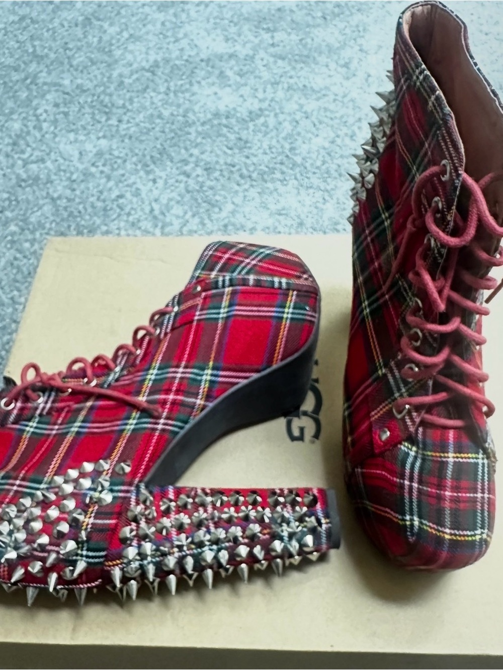 Jeffrey Campbell Red Plaid Lace-Up Platform Boots with Silver Spikes